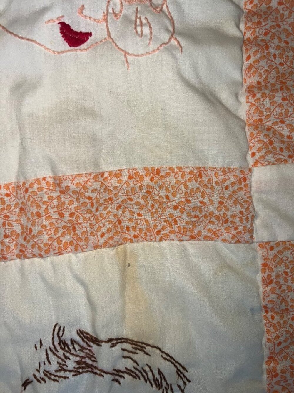 Vintage Handmade Baby Quilt Embroidered Baby Faces Orange Floral Border Unique - Picture 11 of 15
